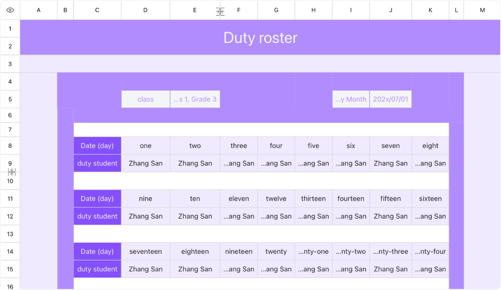 Student Duty Schedule